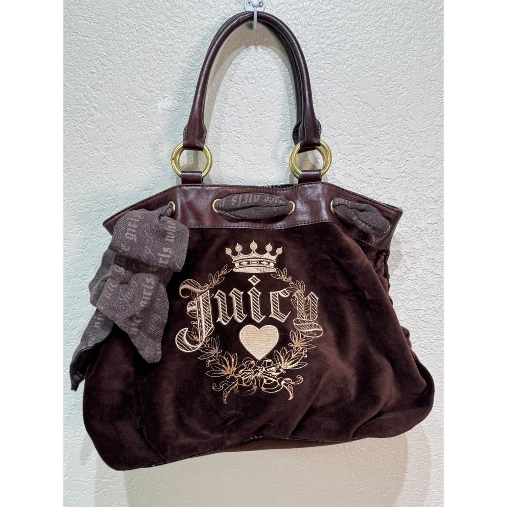 Juicy Couture Vintage Brown Velour Daydreamer Tote Bag Gold Crown Embroidery